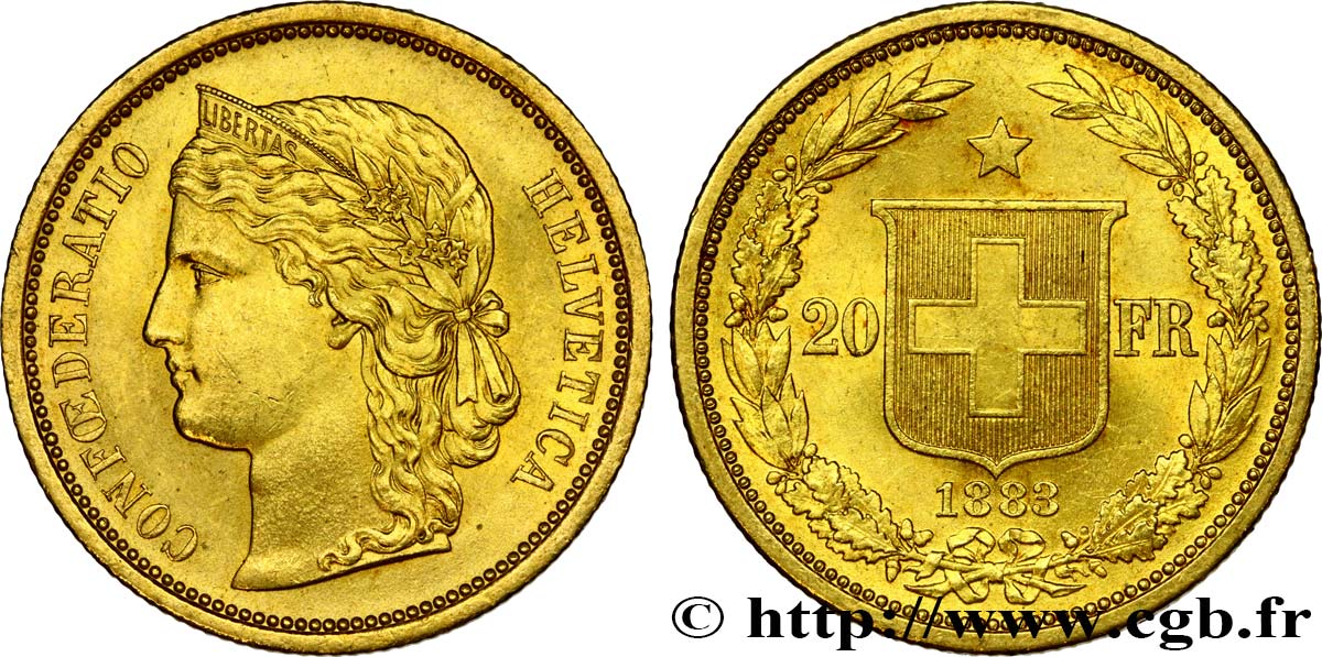 SWITZERLAND 20 Francs buste diadémé d Helvetia 1883 Berne AU 