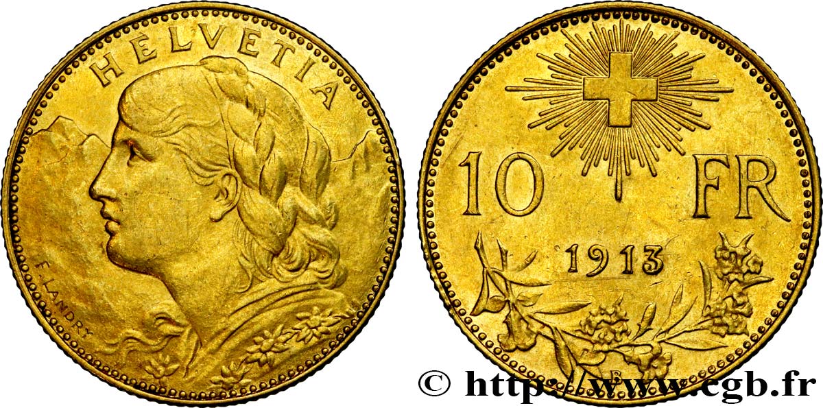 SWITZERLAND 10 Francs  Vreneli  1913 Berne AU 