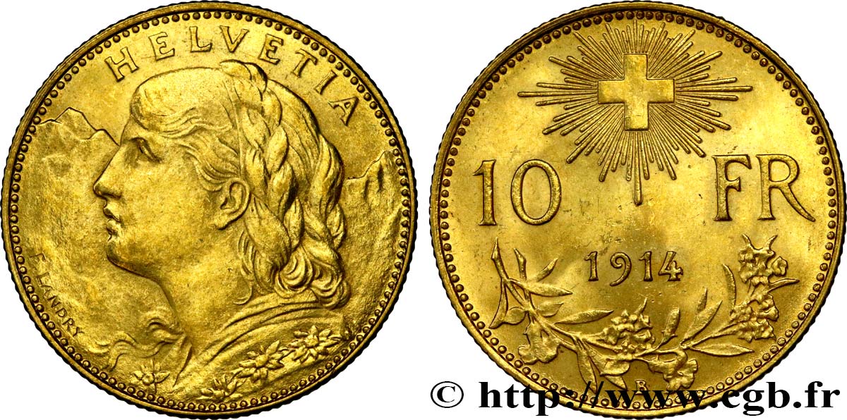 SCHWEIZ 10 Francs  Vreneli  1914 Berne fST 