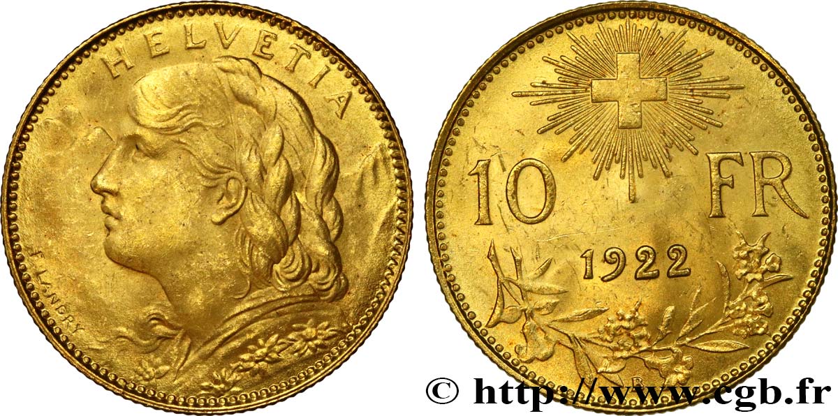 SCHWEIZ 10 Francs  Vreneli  1922 Berne fST 