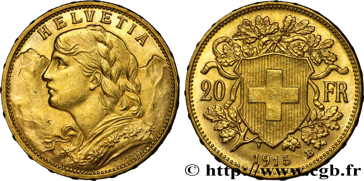 SCHWEIZ 20 Francs  Vreneli   1915 Berne fST 