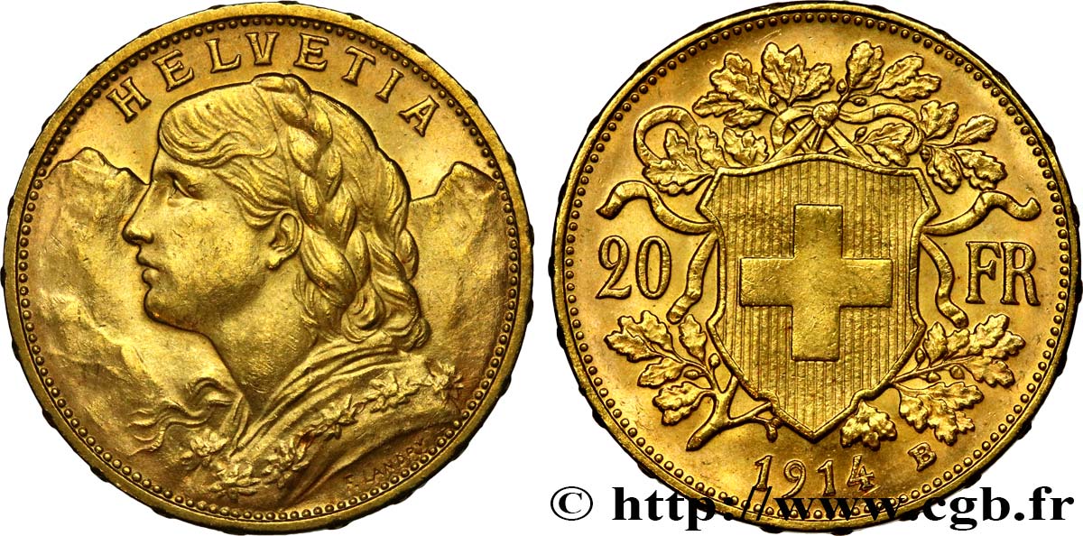 SWITZERLAND 20 Francs  Vreneli   1914 Berne MS 