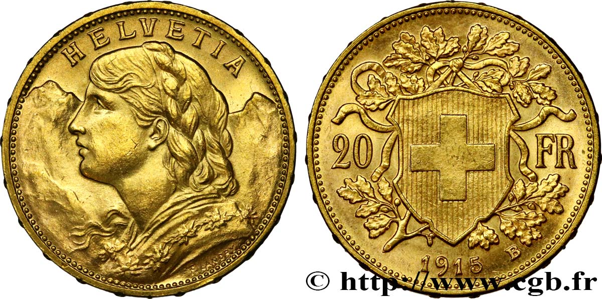 SWITZERLAND 20 Francs  Vreneli   1915 Berne MS 