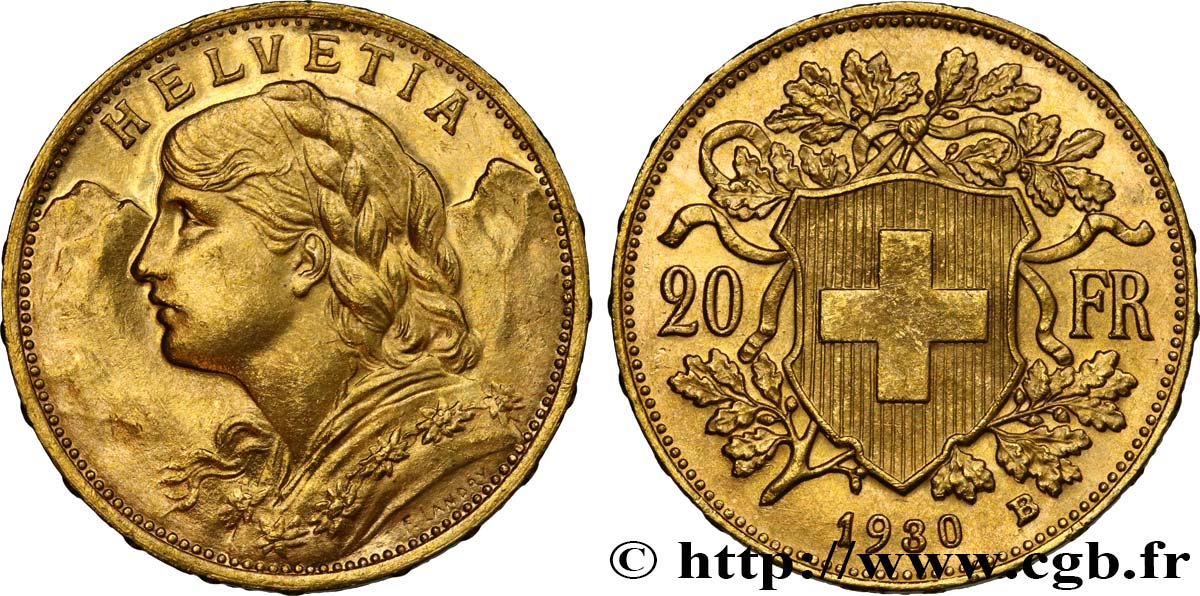 SCHWEIZ 20 Francs  Vreneli  1930 Berne fST 