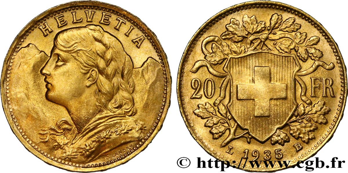 SUISSE 20 Francs  Vreneli   1935 Berne SPL 