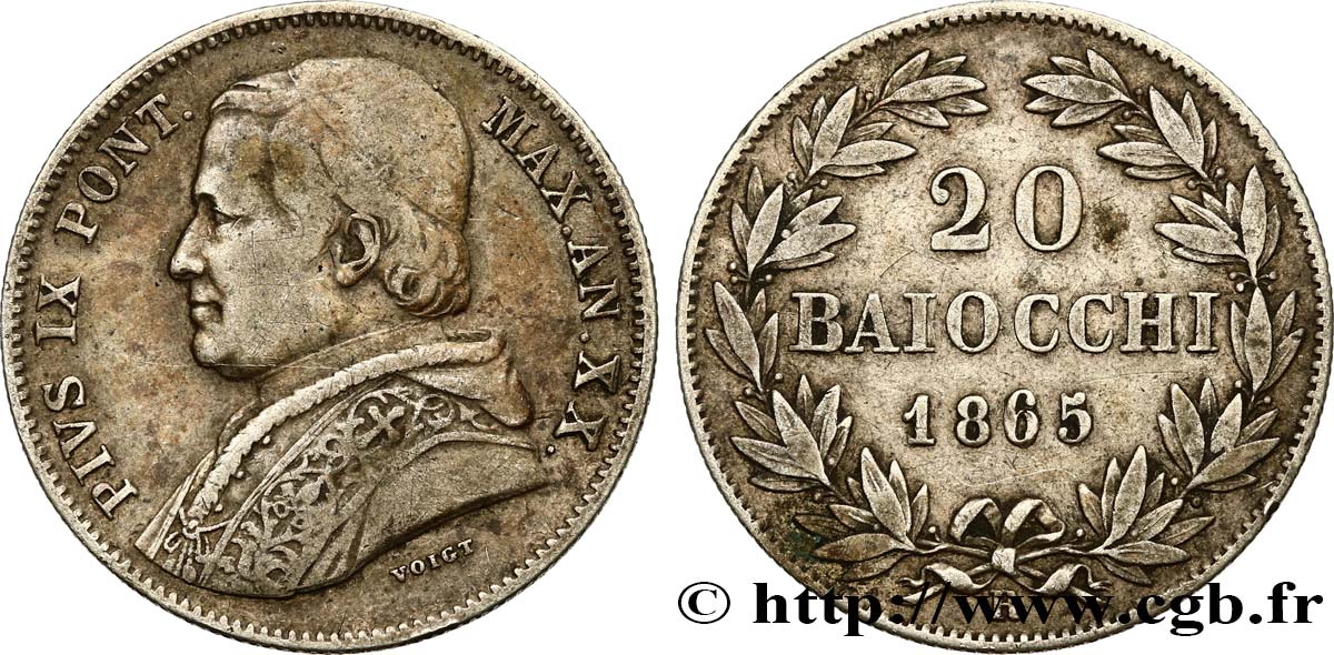 VATICAN ET ÉTATS PONTIFICAUX 20 Baiocchi Pie IX an XX 1865 Rome TTB 