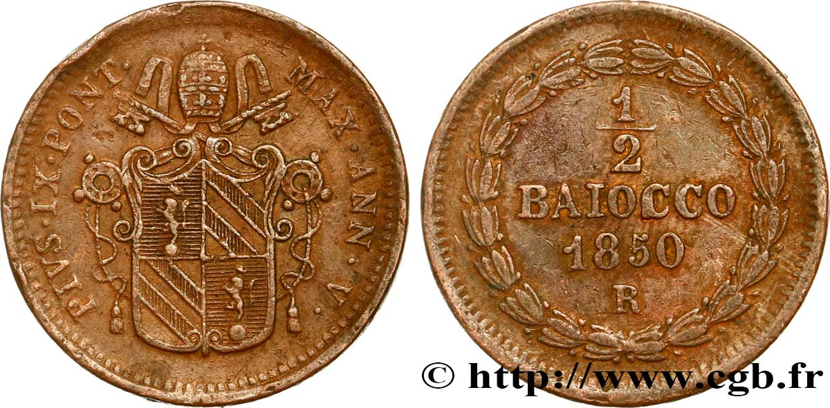 VATICAN AND PAPAL STATES 1/2 Baiocco an V 1850 Rome XF 
