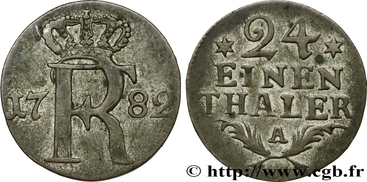 ALEMANIA - PRUSIA 1/24 Thaler Royaume de Prusse monogramme de Frédéric II 1782 Berlin BC+ 