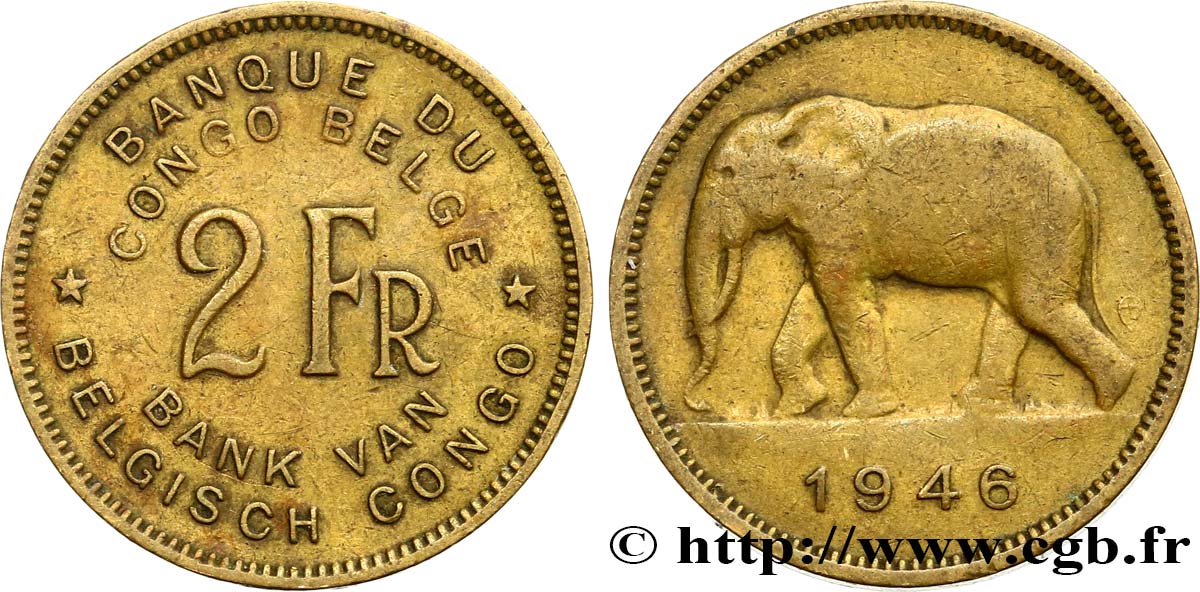 CONGO BELGE 2 Francs éléphant 1946  TTB 
