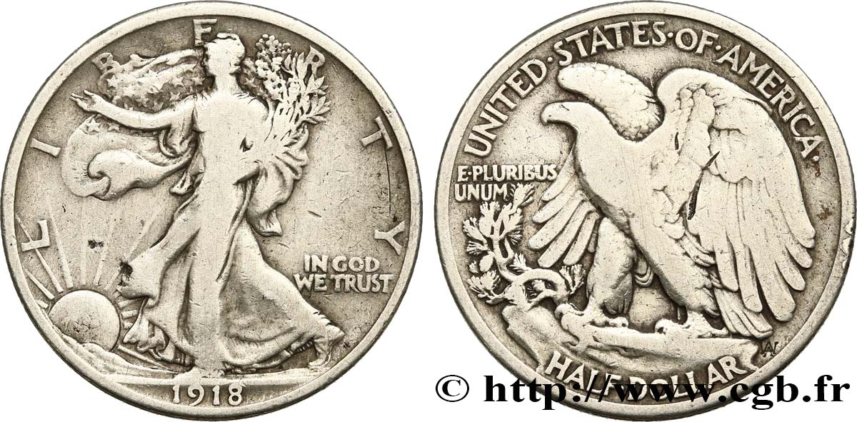 ÉTATS-UNIS D AMÉRIQUE 1/2 Dollar Walking Liberty 1918 Philadelphie TB 
