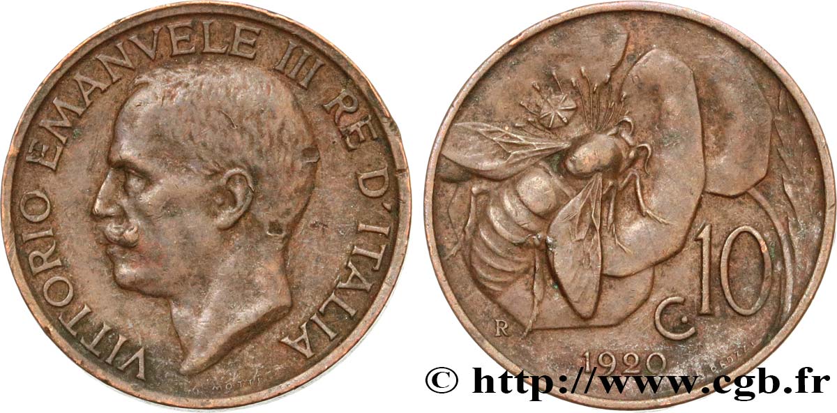 ITALIA 10 Centesimi Victor Emmanuel III / abeille 1920 Rome - R BB 