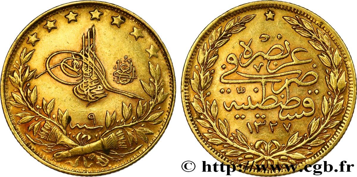 TURKEY 100 Kurush Sultan Mohammed V Resat AH 1327, An 9 1917 Constantinople XF/AU 