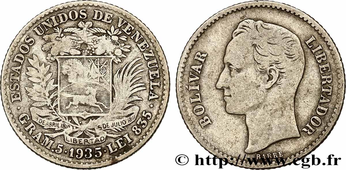VENEZUELA 1 Bolivar Simon Bolivar 1935 Philadelphie TB+ 
