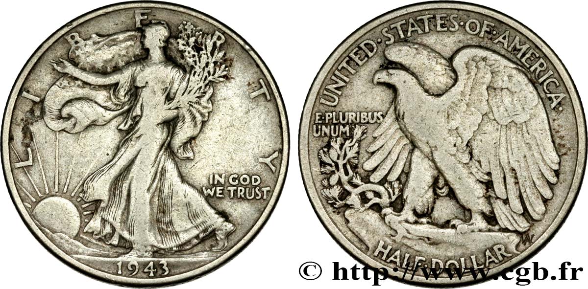 ÉTATS-UNIS D AMÉRIQUE 1/2 Dollar Walking Liberty 1943 Philadelphie TB+ 