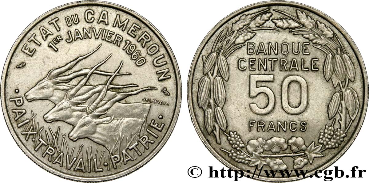 CAMERUN 50 Francs Etat du Cameroun, commémoration de l’indépendance, antilopes 1960 Paris SPL 