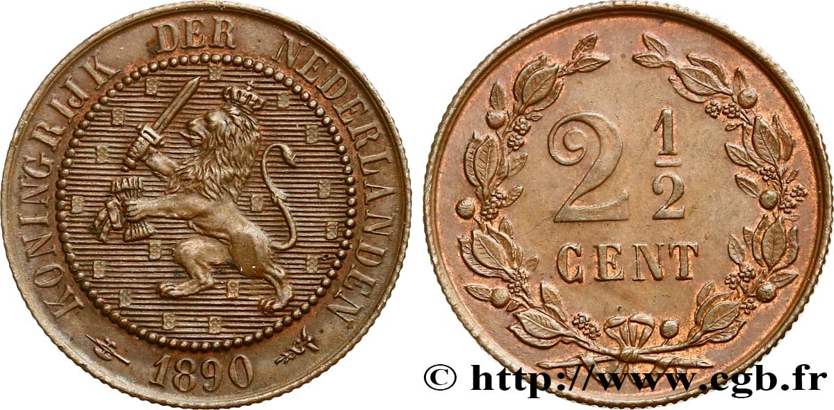 NIEDERLANDE 2 1/2 Cents lion couronné 1890 Utrecht VZ 