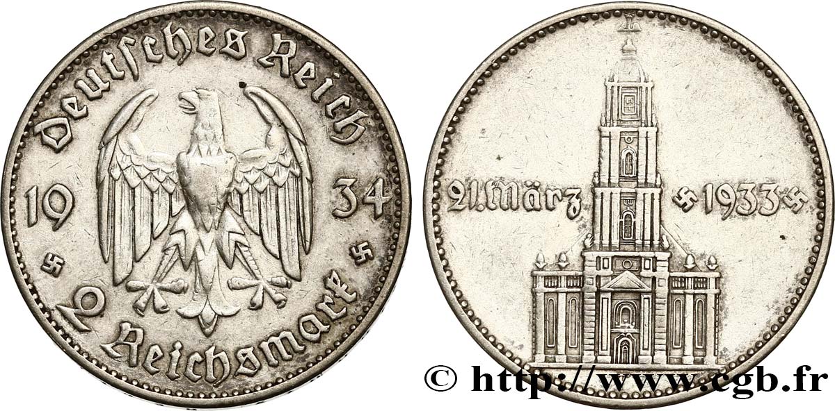GERMANIA 2 Reichsmark Commémoration du serment du 21 mars 1933 en l’église de la garnison de Potsdam 1934 Stuttgart - F BB 