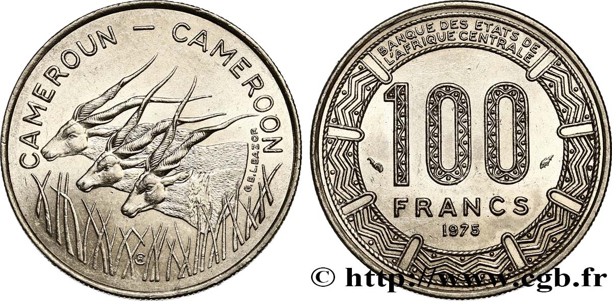 CAMERUN 100 Francs légende bilingue, type BEAC antilopes 1975 Paris SPL 