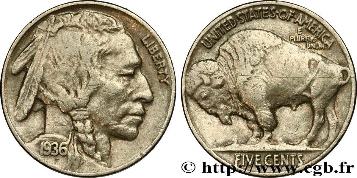 UNITED STATES OF AMERICA 5 Cents Tête d’indien ou Buffalo 1936 Philadelphie XF 
