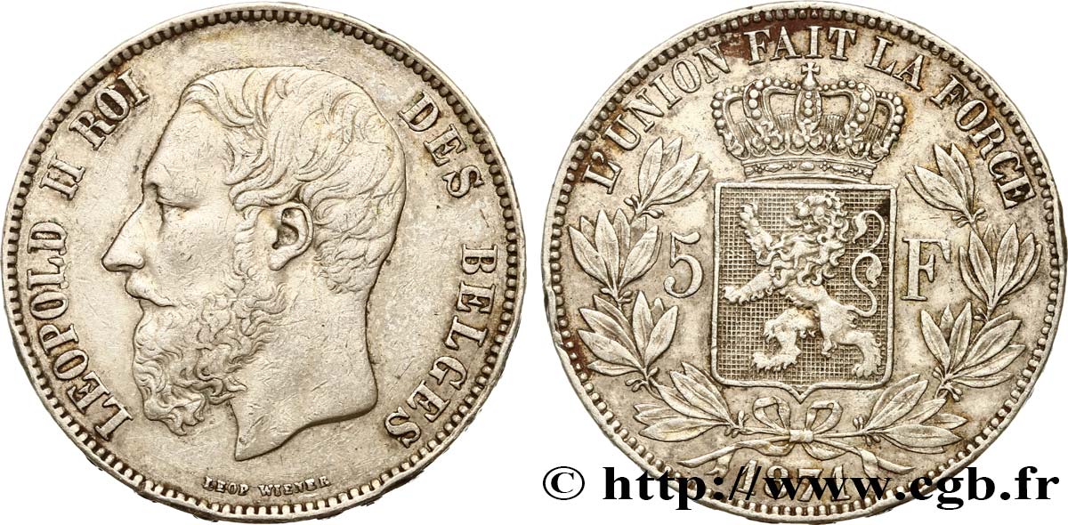BELGIUM 5 Francs Léopold II 1871  XF/AU 