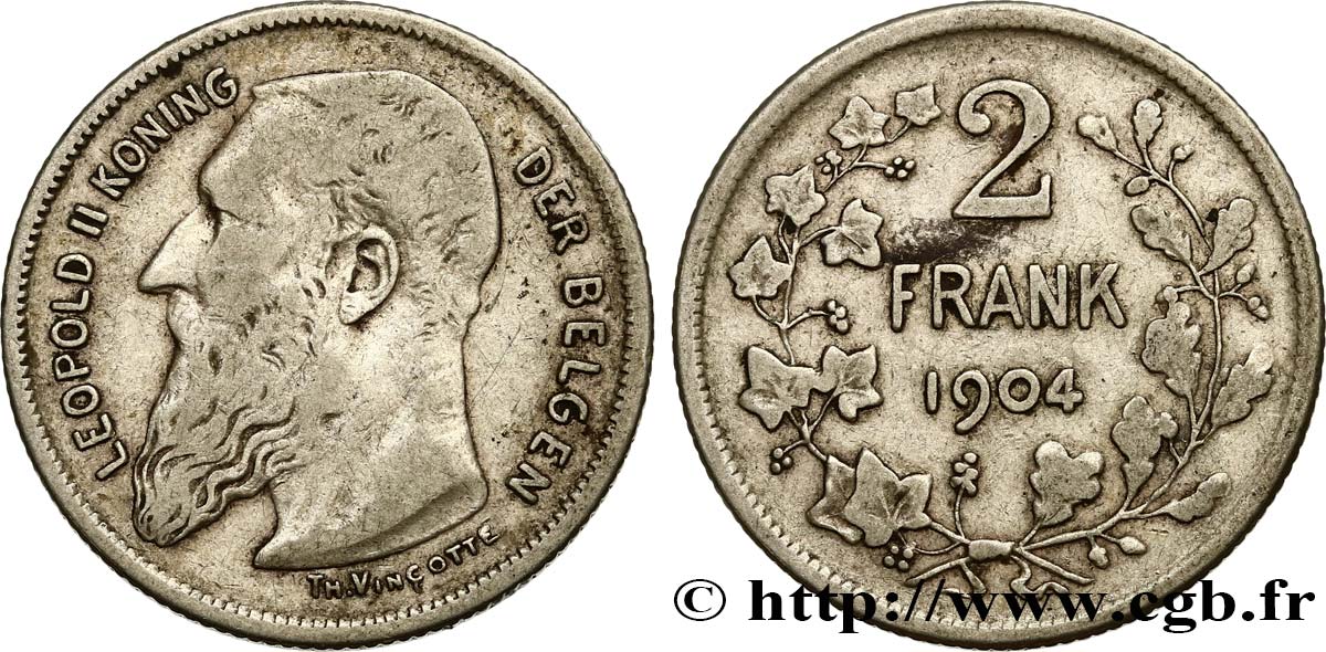 BELGIQUE 2 Frank (Francs) Léopold II légende flamande 1904  TB+ 