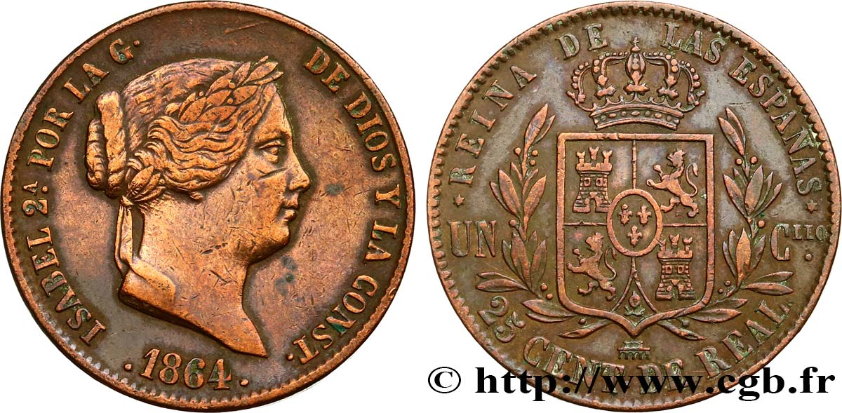 SPAGNA 25 Centimos de Real (Cuartillo) Isabelle II / écu couronné 1864 Ségovie BB 