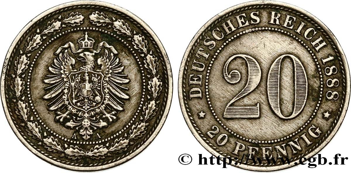 GERMANY 20 Pfennig 1888 Berlin - A AU 