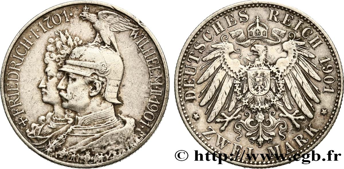 ALLEMAGNE - PRUSSE 2 Mark Guillaume II 200e anniversaire de la Prusse 1901 Berlin TTB 