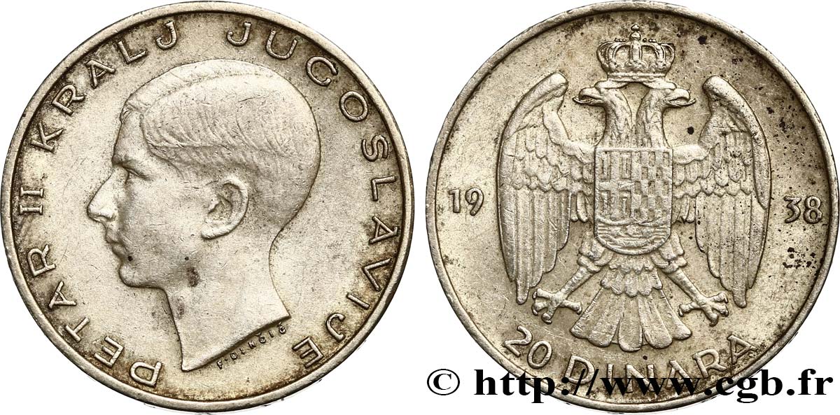 YOUGOSLAVIE 20 Dinara Pierre II 1938  TTB+ 