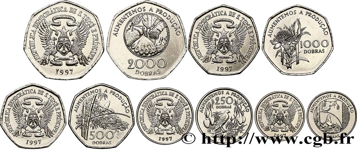 SAINT THOMAS et PRINCE Lot de 5 monnaies 100-2000 Dobras 1997  SPL 