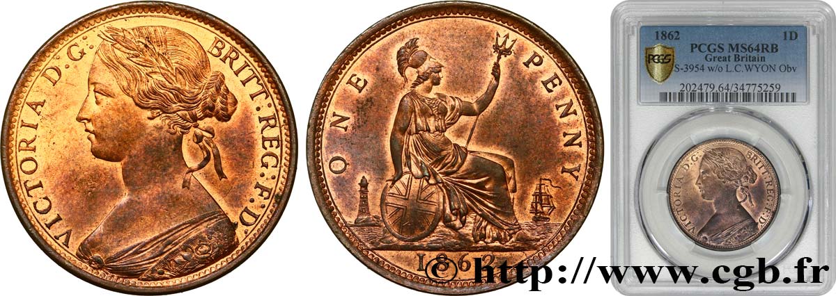 REGNO UNITO 1 Penny Victoria “Bun Head” 1862  MS64 PCGS