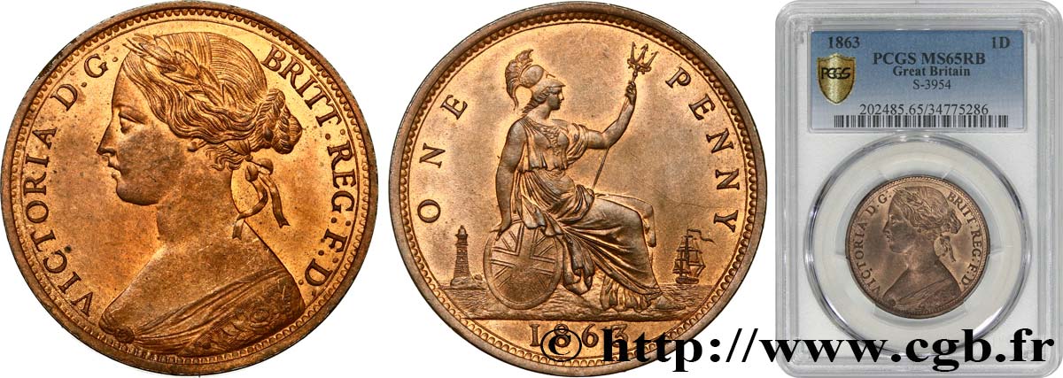 VEREINIGTEN KÖNIGREICH 1/2 Penny Victoria “Bun Head” 1863  ST65 PCGS
