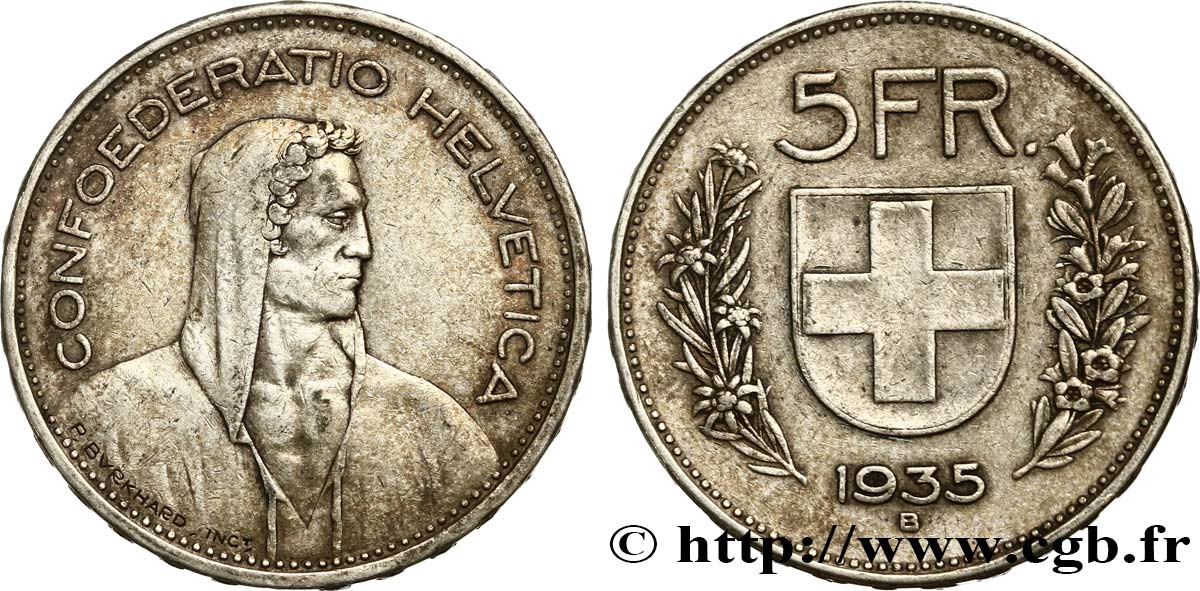SWITZERLAND 5 Francs Berger des Alpes 1935 Berne XF 
