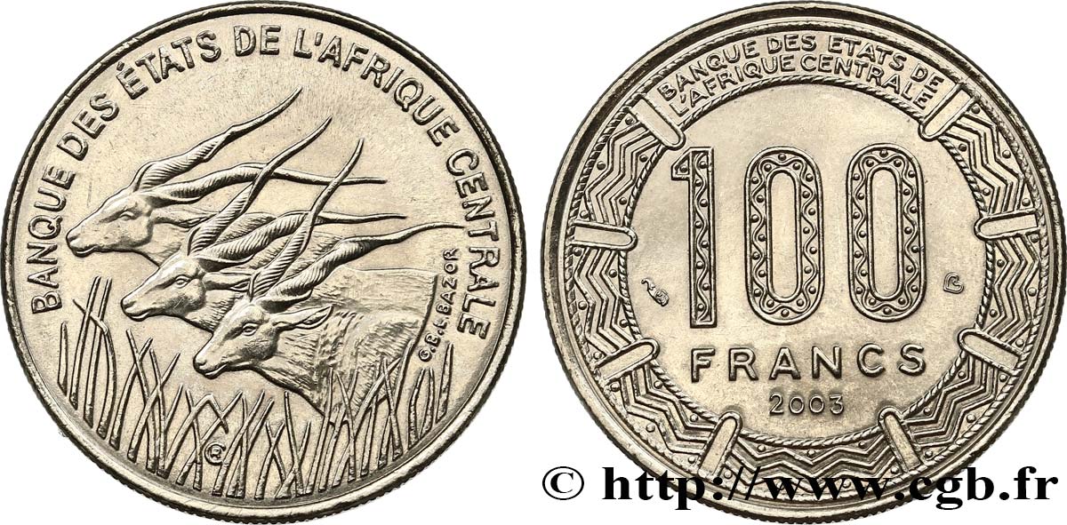 ZENTRALAFRIKANISCHE LÄNDER 100 Francs antilopes 2003 Paris VZ 