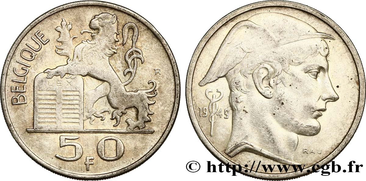 BELGIUM 50 Francs Mercure, légende française 1949  XF 