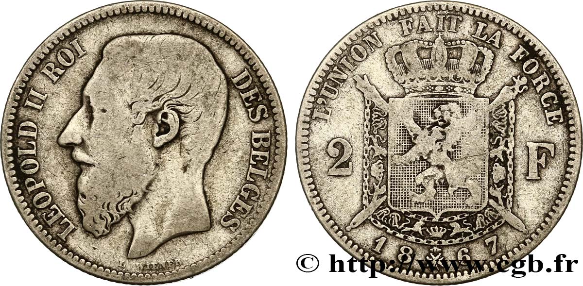 BELGIQUE 2 Francs Léopold II légende française 1867  TB 