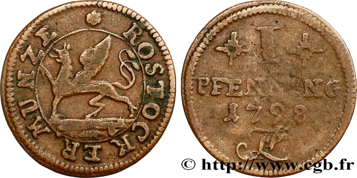 ALEMANIA - ROSTOCK 1 Pfenning emblème au griffon 1798  BC+ 