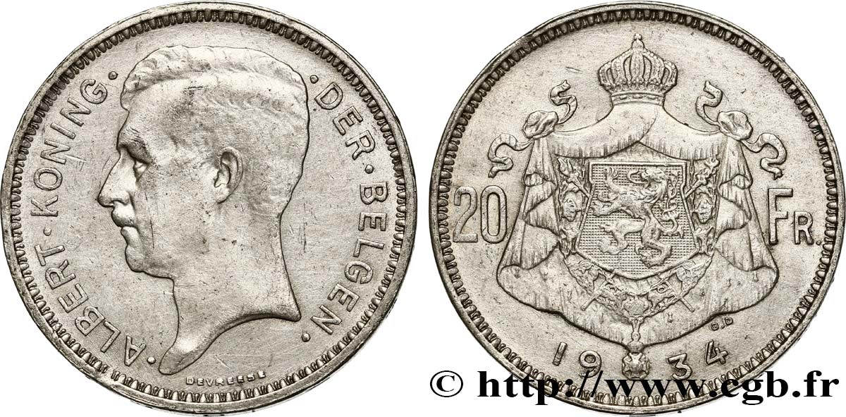 BELGIEN 20 Francs Albert Ier légende Flamande position A 1934  SS 