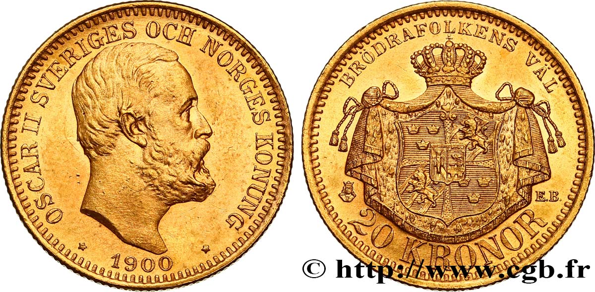 SUÈDE 20 Kronor Oscar II 1900 Stockholm SPL 