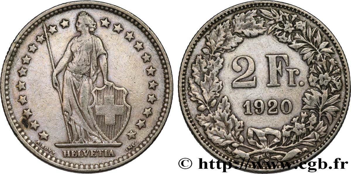 SUISSE 2 Francs Helvetia 1920 Berne TTB 