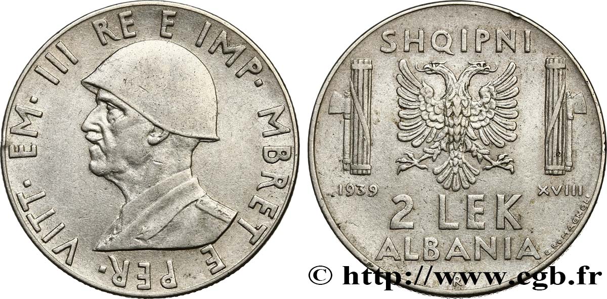 ALBANIEN 2 Lek Victor-Emmanuel III d’Italie 1939 Rome VZ 