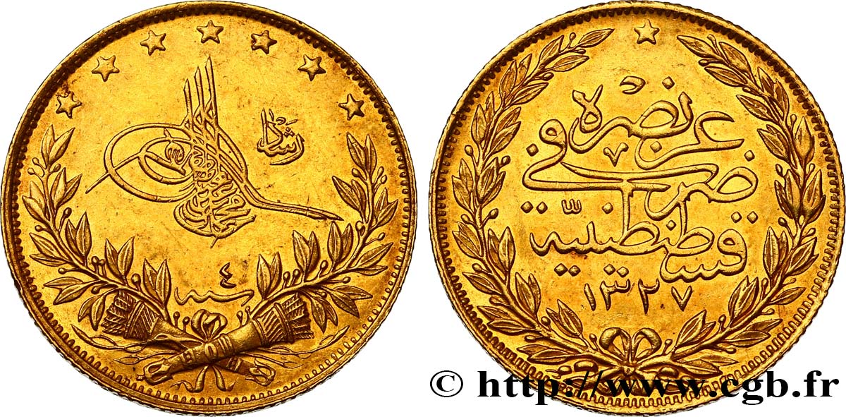 TURQUIE 100 Kurush en or Sultan Mohammed V Resat AH 1327, An 4 1912 Constantinople SUP 