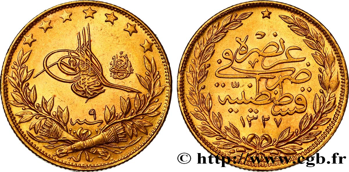 TURQUIE 100 Kurush Sultan Mohammed V Resat AH 1327, An 9 1917 Constantinople SPL 
