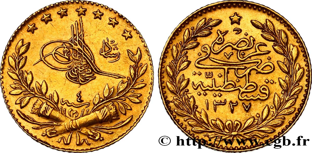 TURKEY 25 Kurush en or Sultan Mohammed V Resat AH 1327, An 4 1912 Constantinople AU 