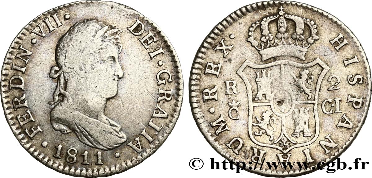 ESPAÑA 2 Reales Ferdinand VII 1811 Cadix BC+ 