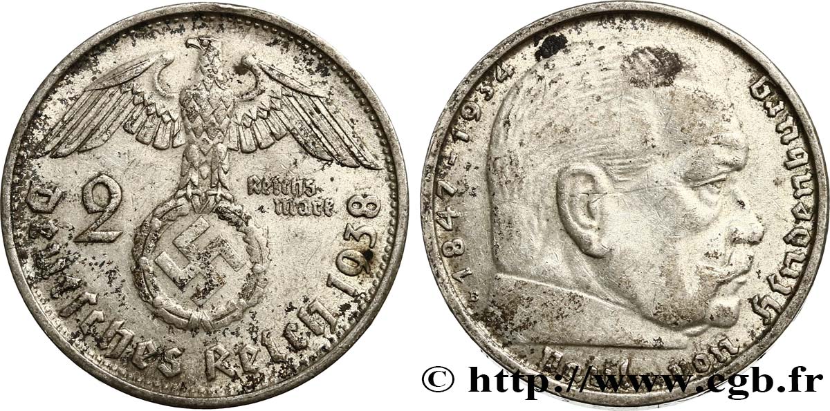 DEUTSCHLAND 2 Reichsmark Maréchal Paul von Hindenburg 1938 Vienne fVZ 