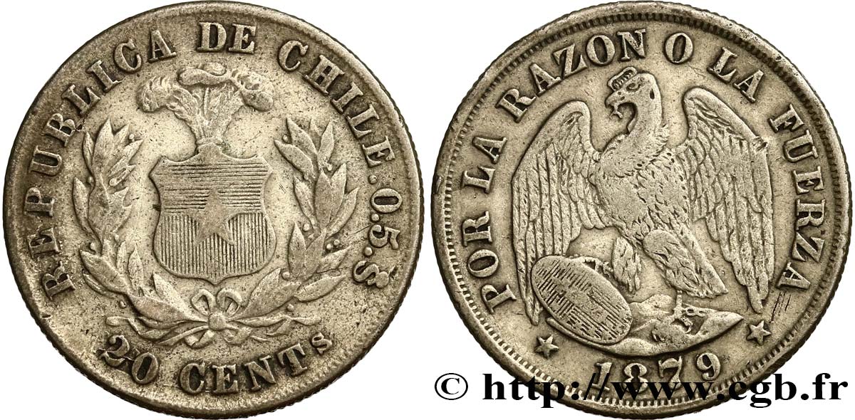 CHILE 20 Centavos 1879 Santiago VF 
