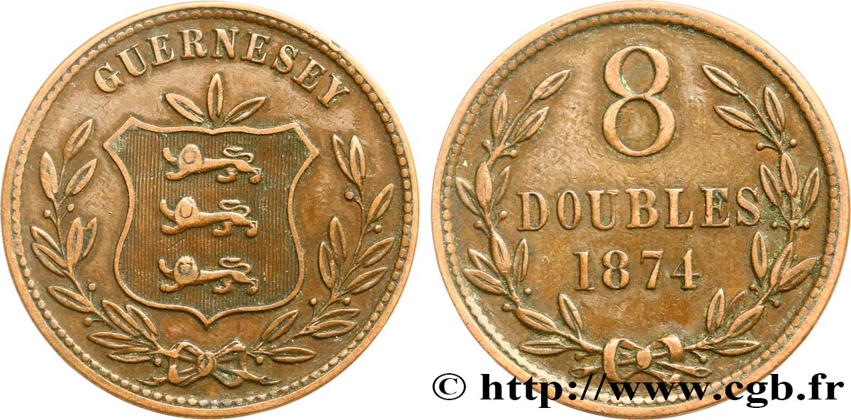 GUERNESEY 8 Doubles armes du baillage de Guernesey 1874 Heaton TTB 