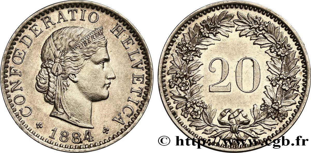 SUISSE 20 Centimes (Rappen) Helvetia 1884 Berne SPL 
