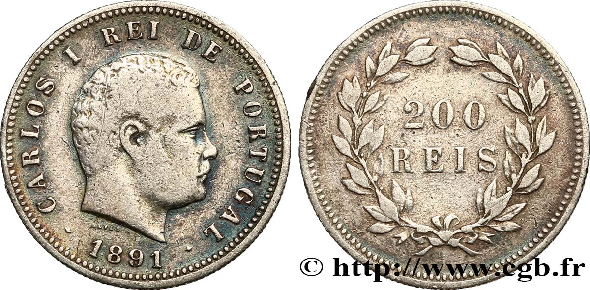 PORTUGAL 200 Réis Charles Ier 1891  BC+ 